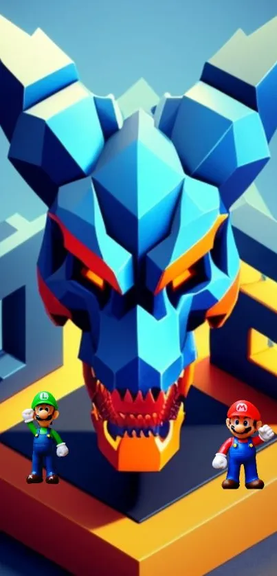 3D geometric dragon head with iconic gaming characters.