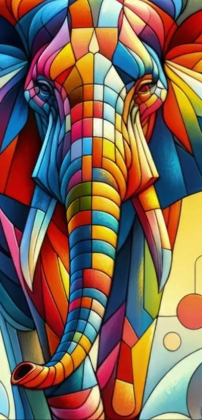 Vibrant geometric abstract elephant illustration.