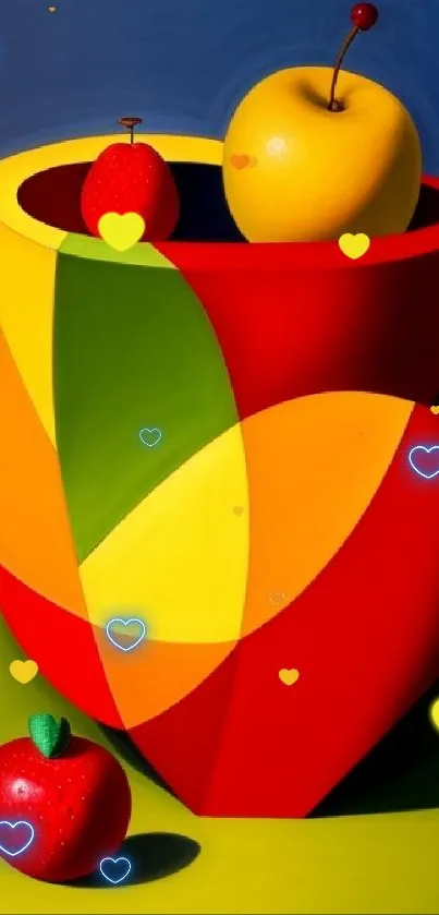 Geometric fruit design with vibrant colors and artistic flair on a mobile wallpaper.