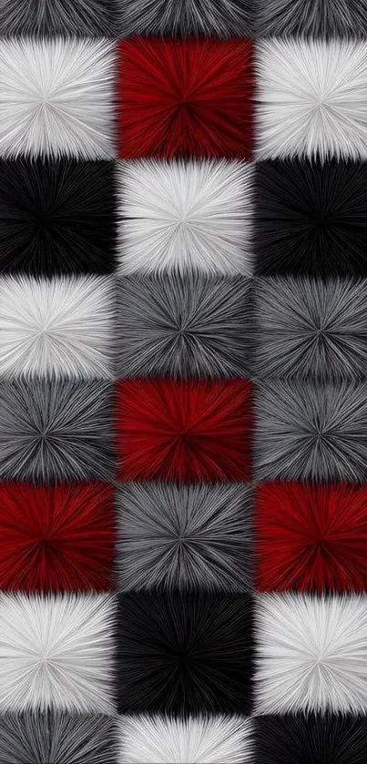 Geometric wallpaper with textured fur design in red, black, white, and gray.