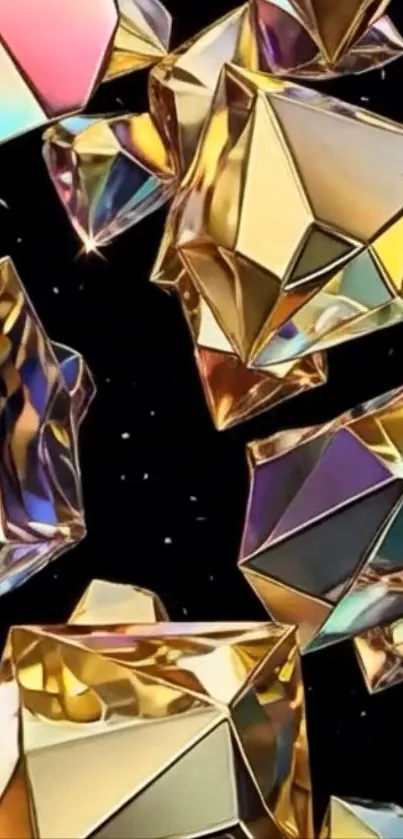 Floating colorful geometric gemstones on black background.