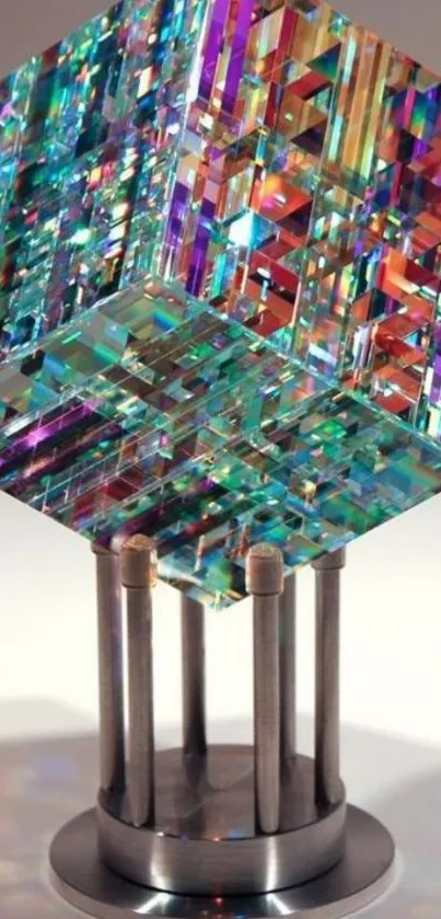 Colorful geometric glass cube on a metal stand.