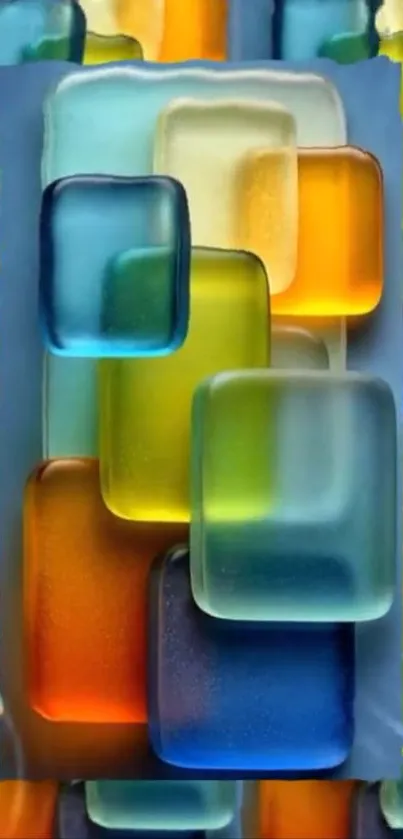 Vibrant geometric glass blocks on a wallpaper.