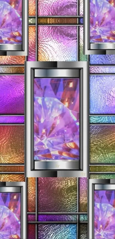 Geometric stained glass design with vibrant colors and metallic frames.