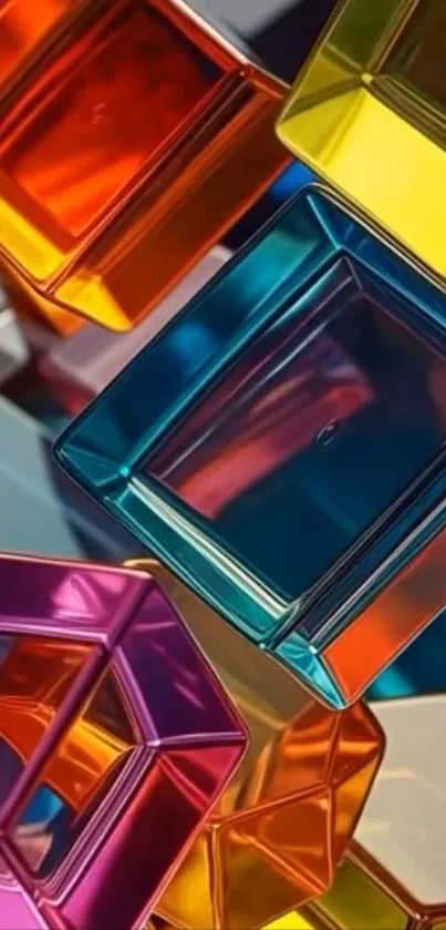 Colorful geometric glass shapes on wallpaper.