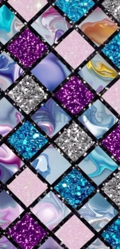 Colorful geometric glitter design wallpaper with marble effect.