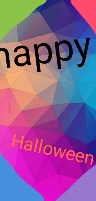 Colorful geometric wallpaper with 'Happy Halloween' text.