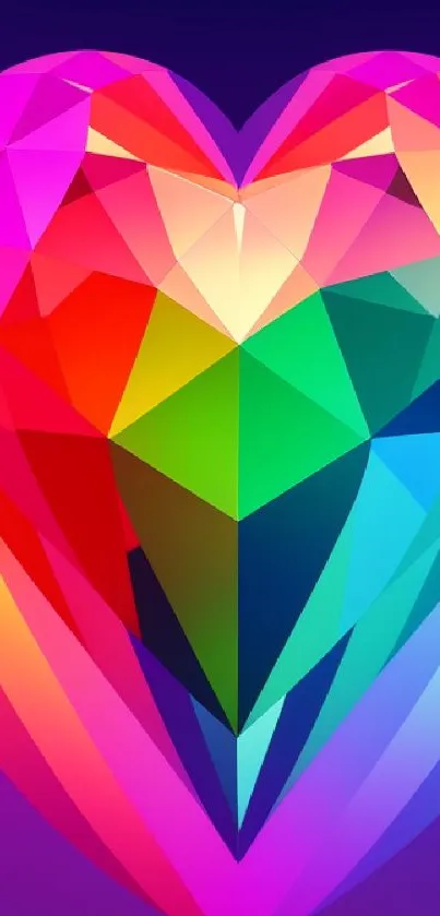 Colorful geometric heart with rainbow hues on a mobile wallpaper.