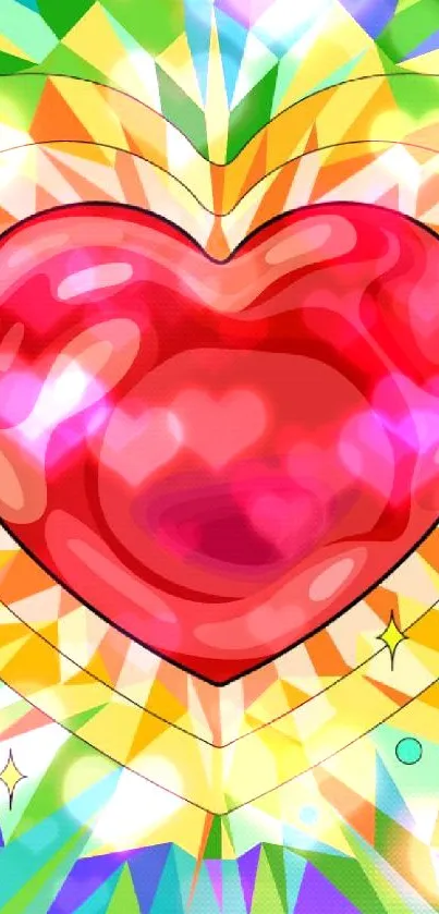 Colorful geometric heart wallpaper with vibrant patterns.