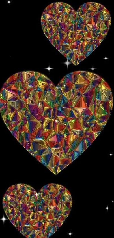 Three colorful geometric hearts on black background wallpaper.