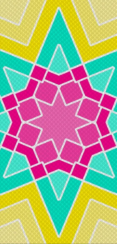 Geometric kaleidoscope wallpaper with vibrant star design in pink, teal, and yellow.