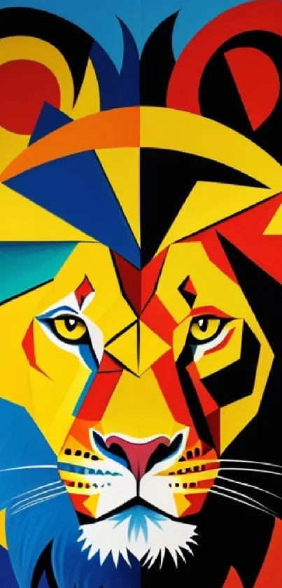 Geometric colorful lion art with bold abstract design suitable for mobile wallpaper.