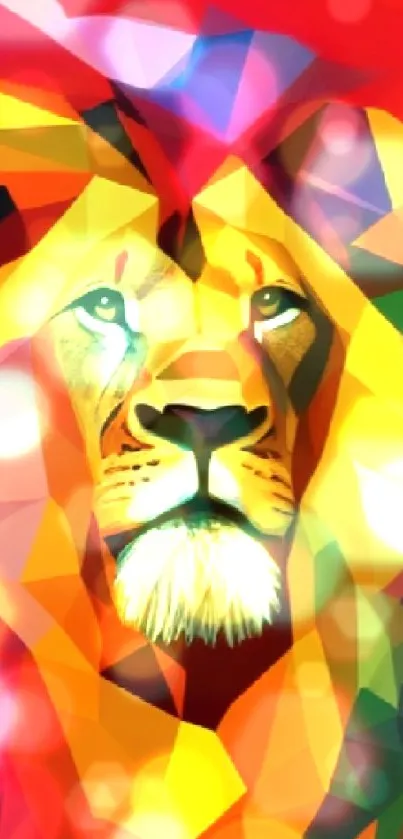 Colorful geometric lion artwork in vibrant shades of orange and red.