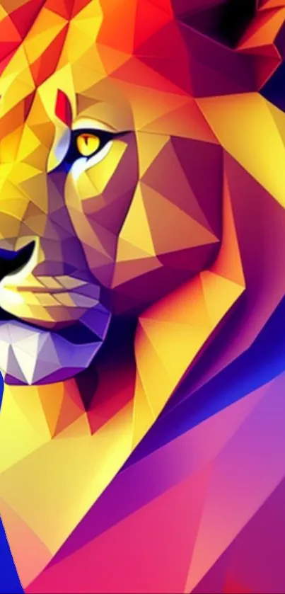 Vibrant geometric lion design in bright colors.