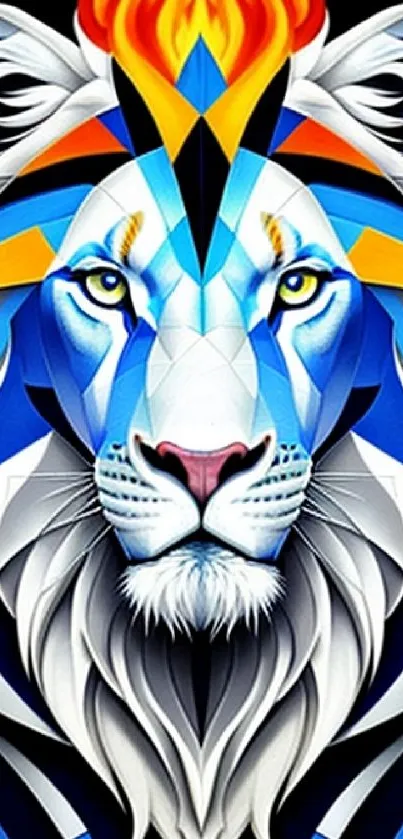 Bold geometric lion with vibrant colors on mobile wallpaper.