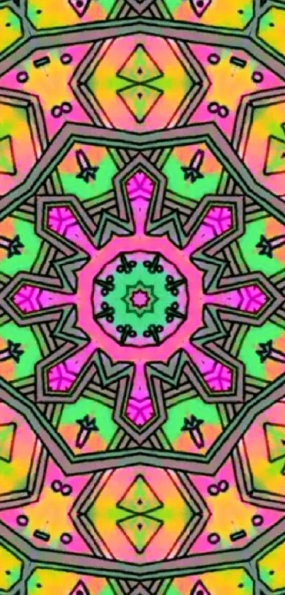 Colorful geometric mandala wallpaper with pink, green, and yellow patterns.