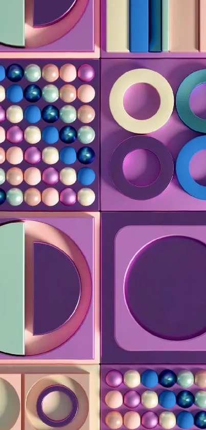 Colorful geometric wallpaper with spheres and shapes.