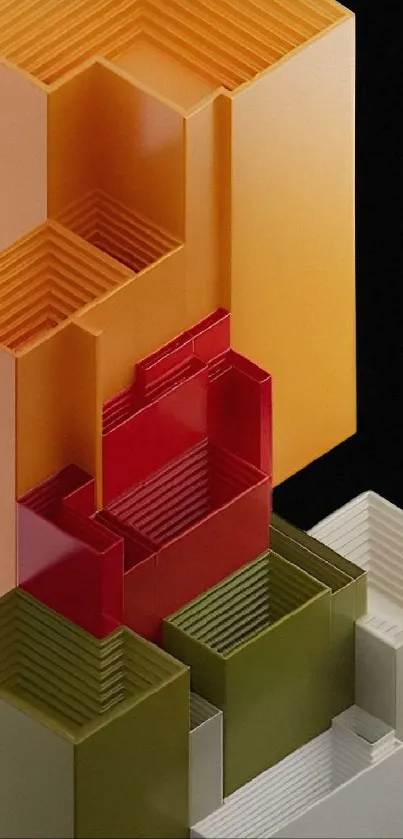 3D geometric mobile wallpaper featuring colorful blocks in orange, red, and green.