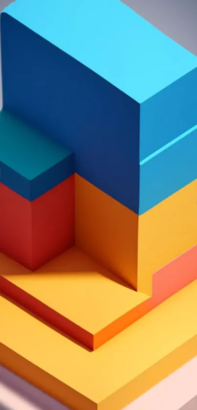 Vibrant 3D geometric design with orange, blue, and yellow blocks on a mobile wallpaper.