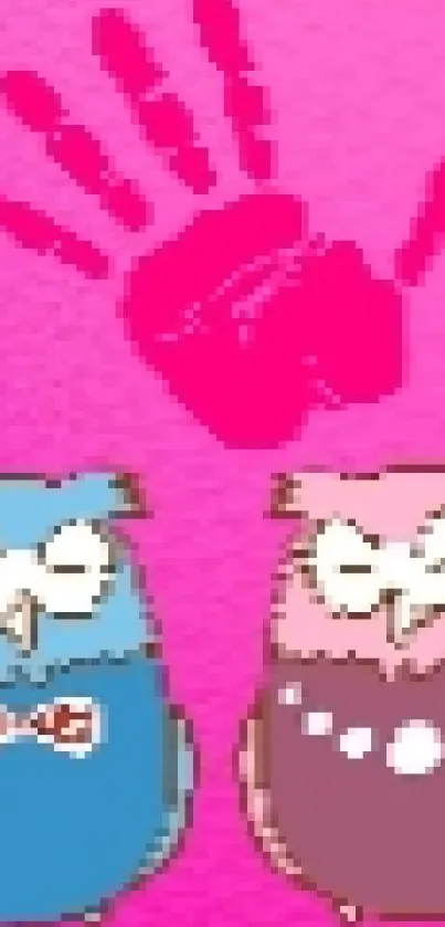 Vibrant pink and teal geometric wallpaper with playful owl figures.