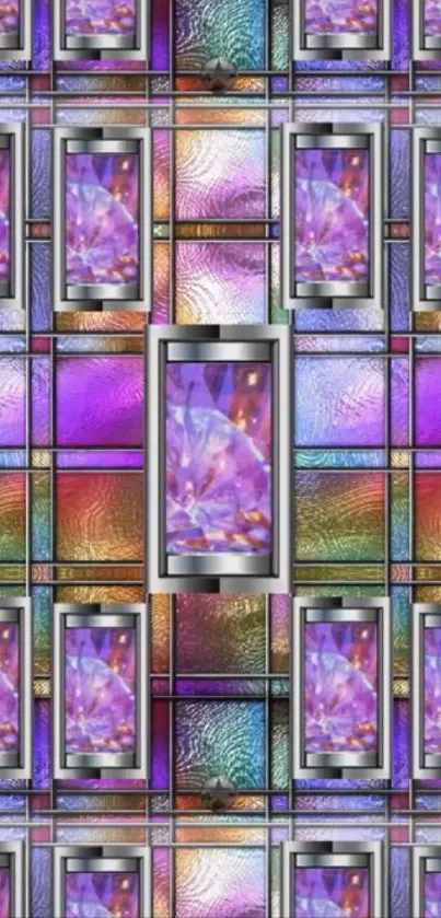 Colorful geometric mobile wallpaper with metallic frames and rectangles.
