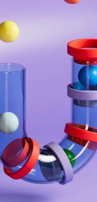 Colorful geometric design on a purple background with 3D spheres and rings.