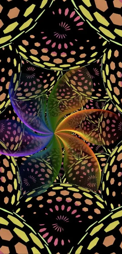 Vibrant geometric wallpaper with circular patterns on a dark background.