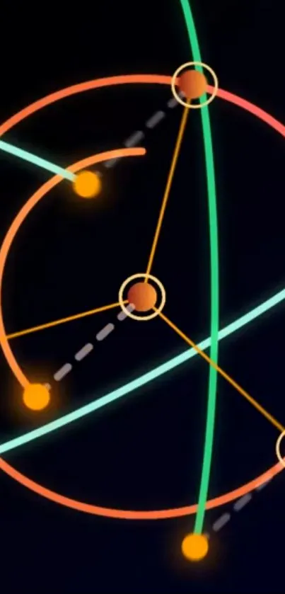 Colorful geometric neon lines and circles on a black background.