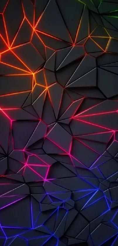 Colorful neon geometric pattern on dark background.