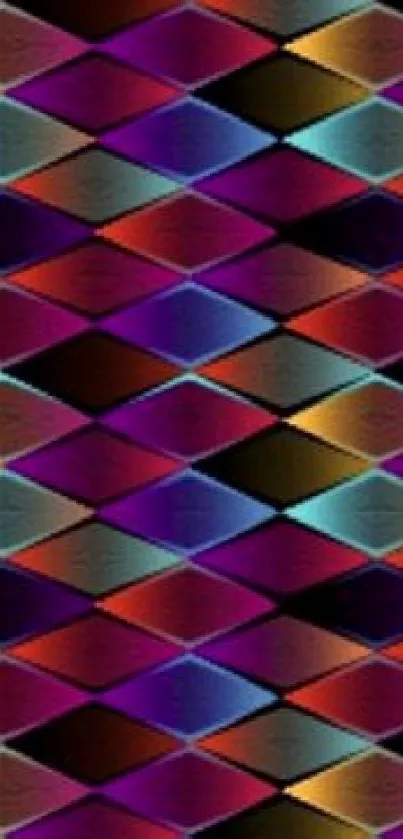 Colorful geometric diamond pattern wallpaper with vibrant hues.