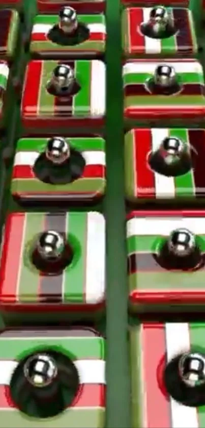 Colorful geometric pattern with red, green stripes on blocks.