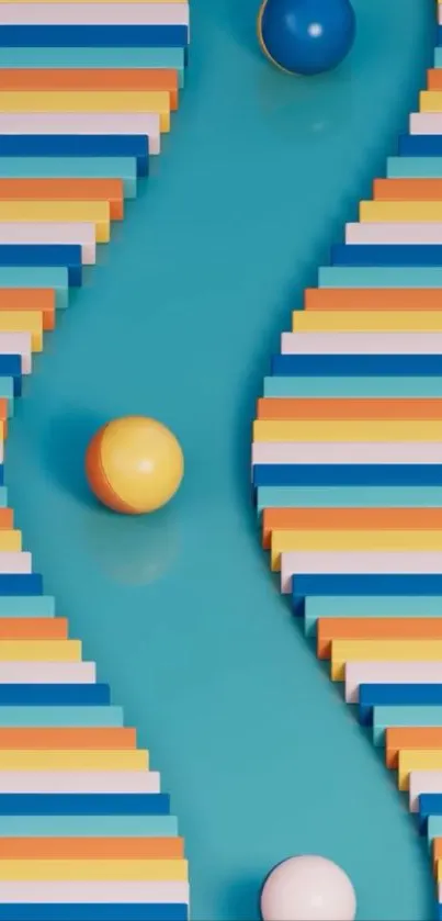 Vibrant geometric wallpaper with colorful stripes and spheres.