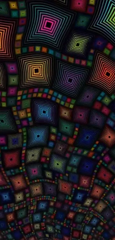 Colorful geometric pattern with multicolored concentric squares.