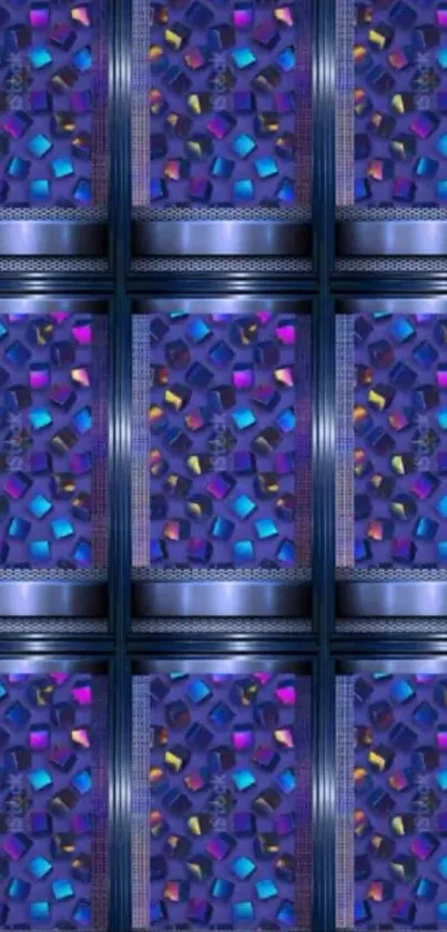 Vibrant geometric pattern wallpaper in purple and blue tones.