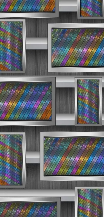 Wallpaper with colorful geometric design in metallic frames.