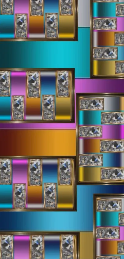 Colorful geometric pattern wallpaper with metallic accents.