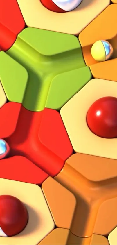 Colorful geometric pattern with spheres and hexagons.