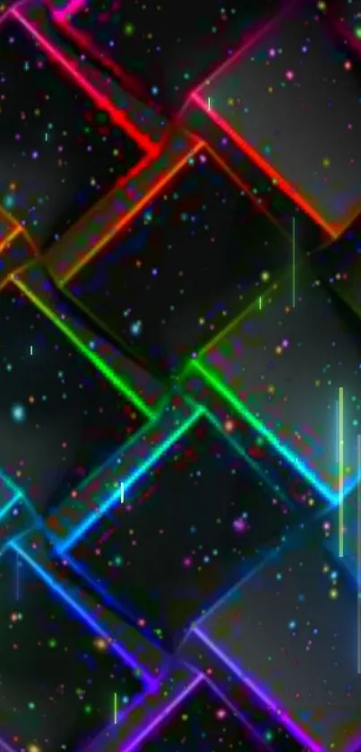 Neon geometric wallpaper with colorful lights and patterns.