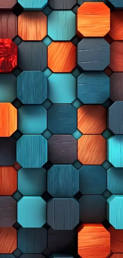 Dynamic geometric wallpaper with orange and blue hexagons for mobile.