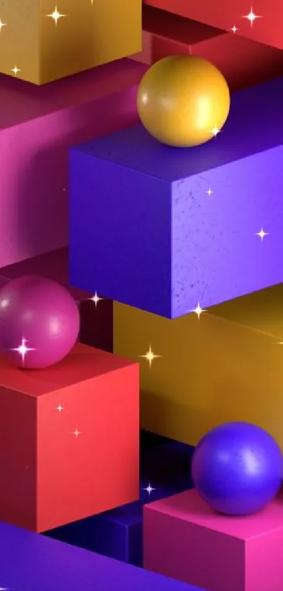 Colorful geometric 3D phone wallpaper with vibrant cubes and spheres.