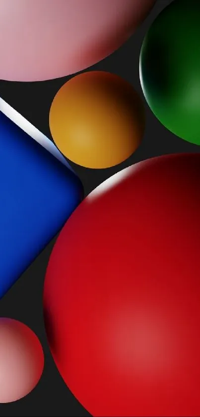 Colorful geometric spheres on black background.