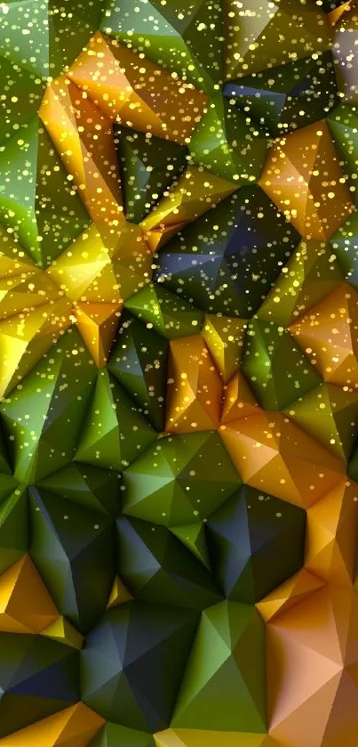 Colorful geometric pattern wallpaper with green, orange, and yellow tones.