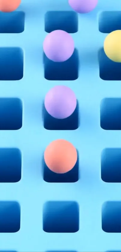 Colorful geometric wallpaper with spheres on blue.