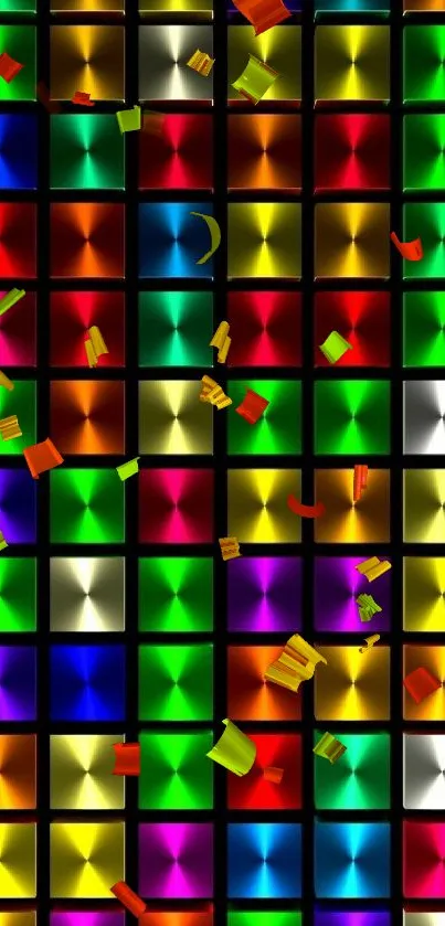 Colorful geometric pattern wallpaper with vibrant square tiles in various hues.