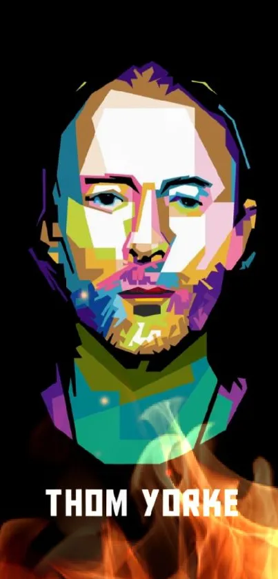 Colorful geometric portrait with fiery elements on a black background.