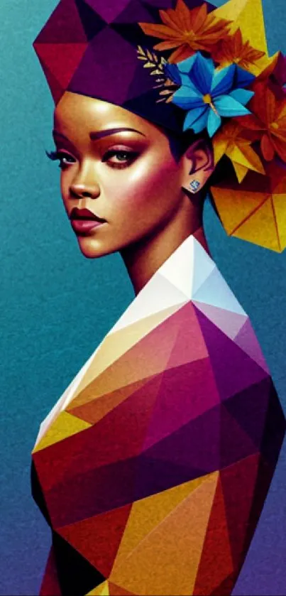 Colorful geometric portrait with floral accents on a mobile wallpaper.