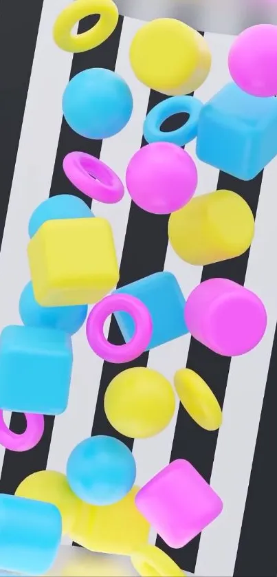 Vibrant 3D geometric shapes on striped background in colorful hues.