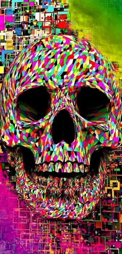 Colorful geometric skull wallpaper with modern abstract design.