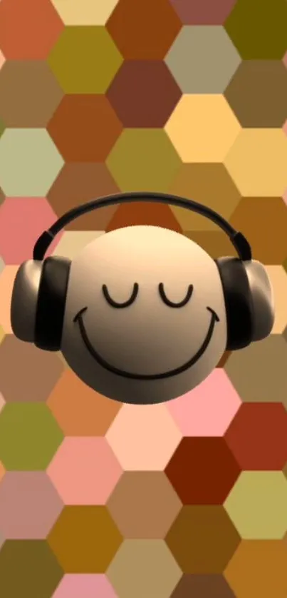 Smiling face with headphones on a colorful geometric background.