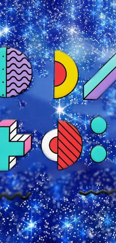 Colorful geometric shapes on a blue starry background.